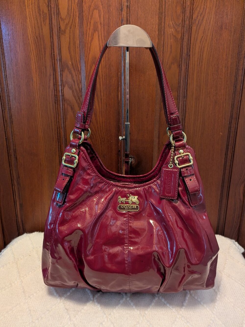 Coach Madison Burgundy/Red Patent Leather Maggie Hobo Shoulder Bag Purse
